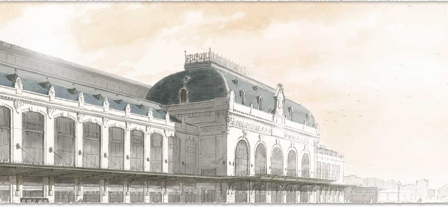 perspective aquarelle et dessin en architecture restauration patrimoine gare des Brotteaux Lyon (Rhône)