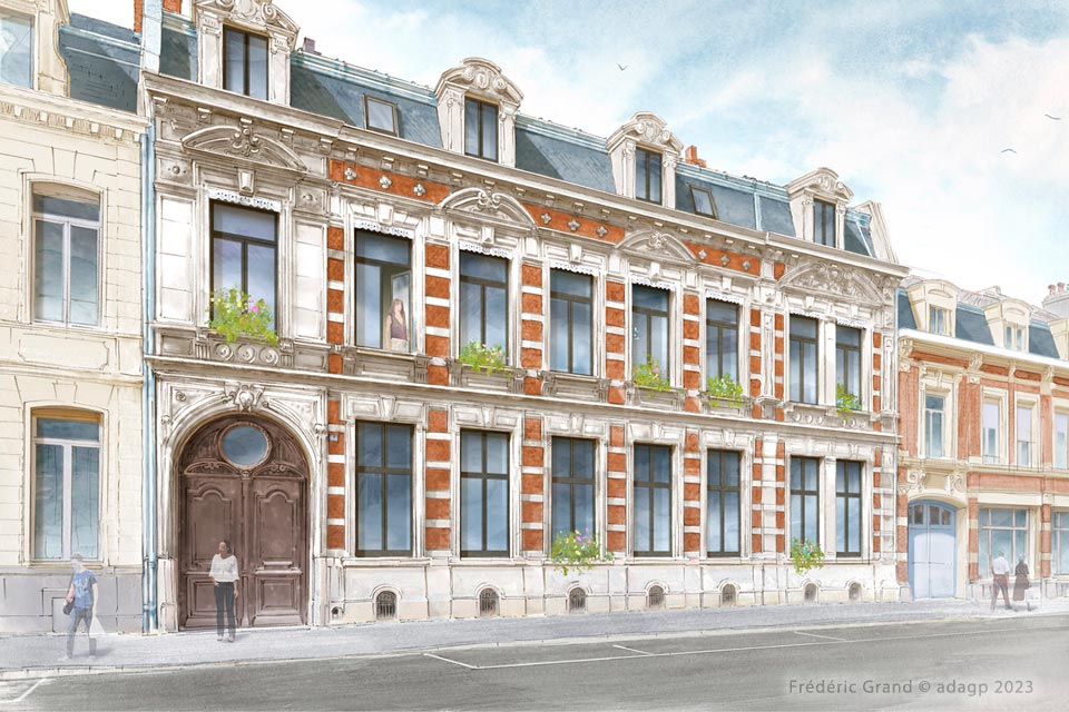 perspective dessin projet immobilier rénovation hôtel particulier Armentières logements standing caractère aquarelle