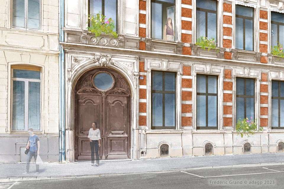 perspective dessin projet immobilier rénovation hôtel particulier Armentières logements standing caractère aquarelle