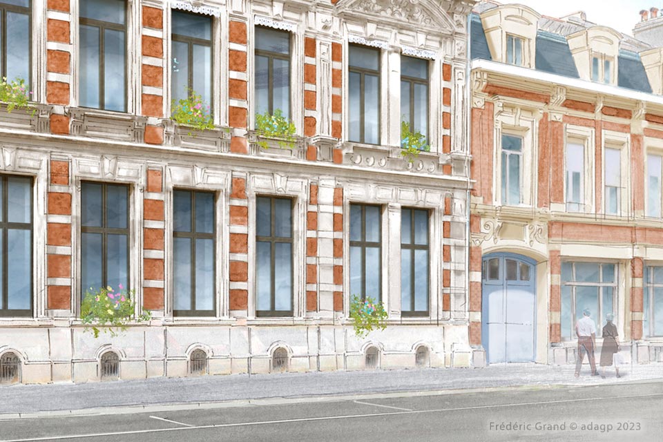 perspective dessin projet immobilier rénovation hôtel particulier Armentières logements standing caractère aquarelle