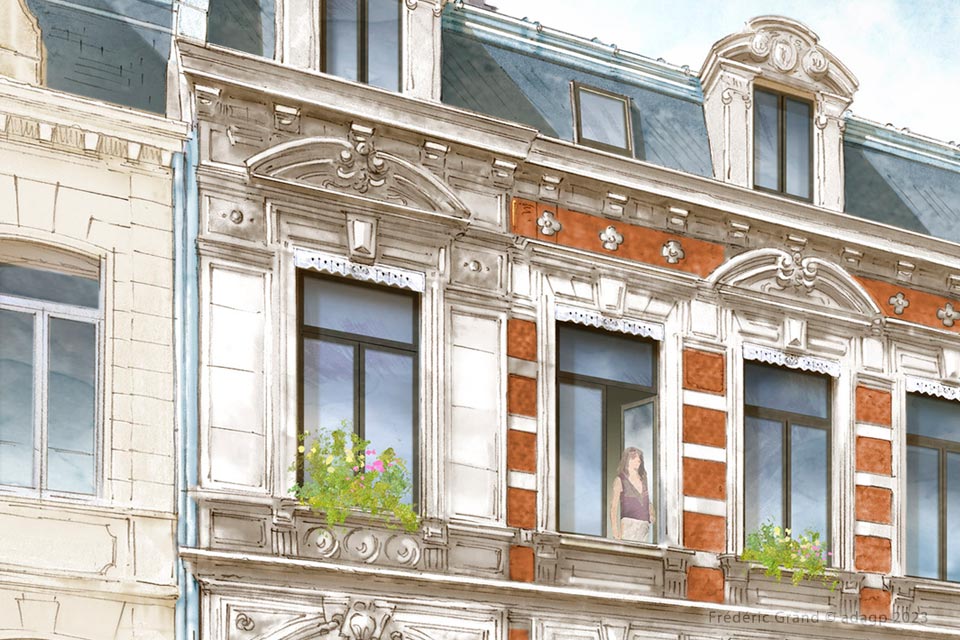 perspective dessin projet immobilier rénovation hôtel particulier Armentières logements standing caractère aquarelle