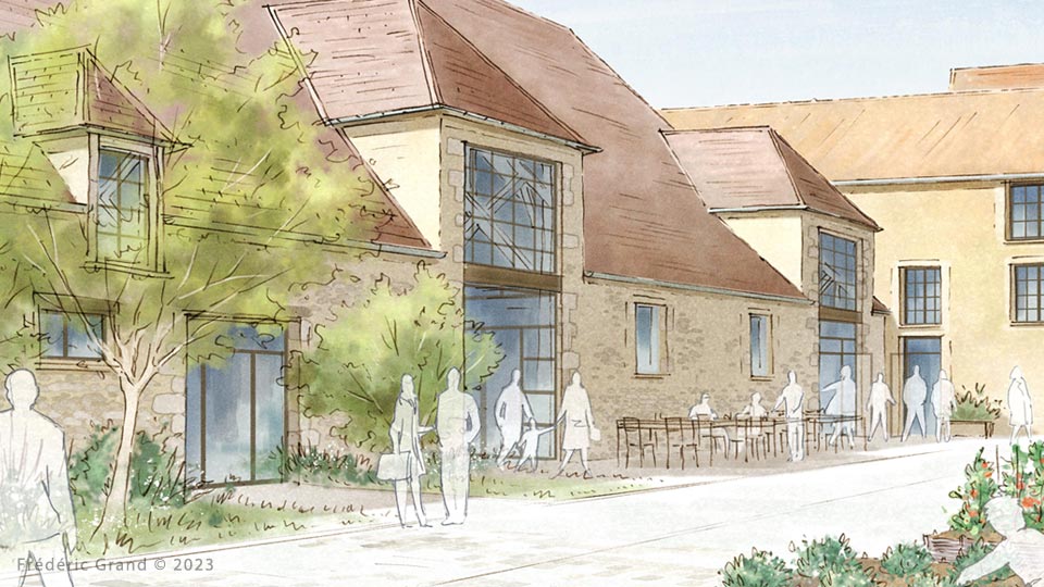 perspective dessin projet rénovation ferme médiéval mediathèque longpont sur orge illustration aquarelle