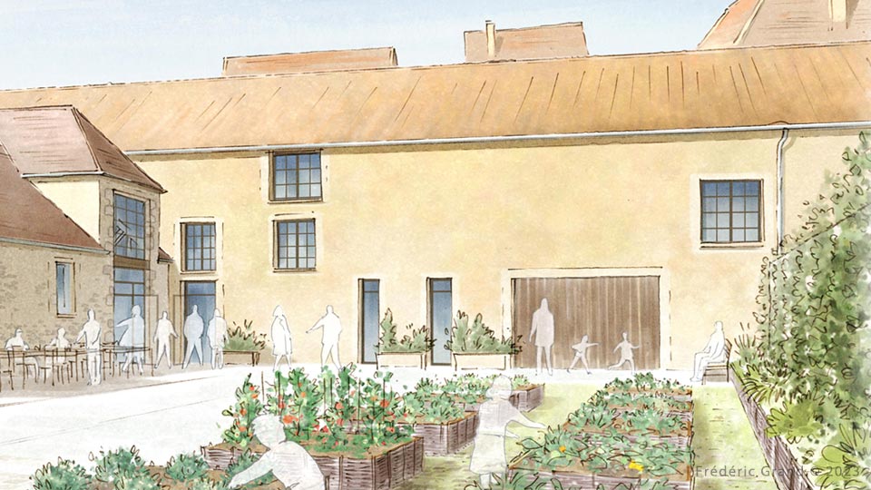 perspective dessin projet rénovation ferme médiéval mediathèque longpont sur orge illustration aquarelle