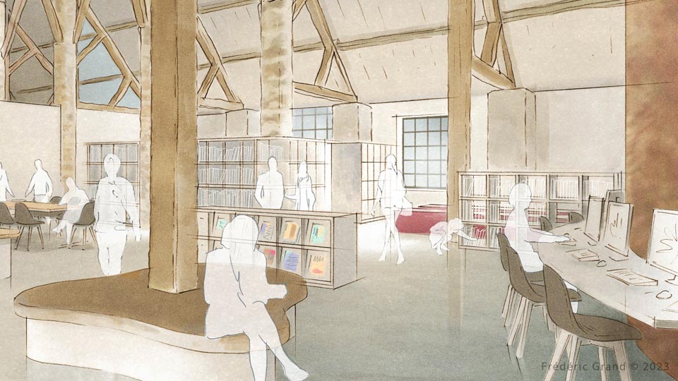 perspective dessin projet rénovation ferme médiéval mediathèque longpont sur orge illustration aquarelle
