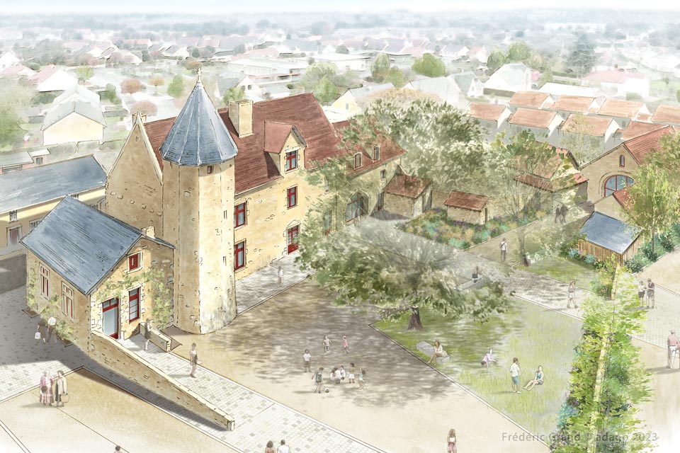 perspective dessin projet réhabilitation ancien prieuré annexes Brûlon Sarthe dessin aquarelle architecture patrimoine