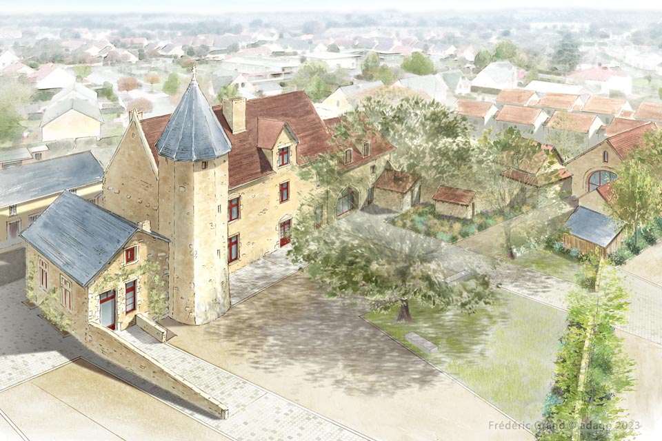 perspective dessin projet réhabilitation ancien prieuré annexes Brûlon Sarthe dessin aquarelle architecture patrimoine