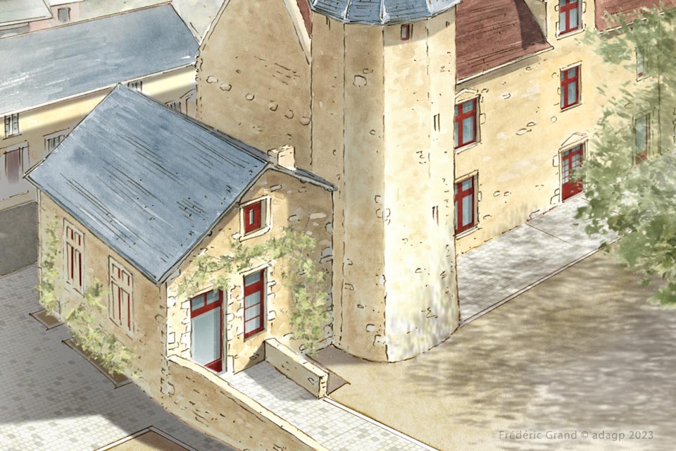 perspective dessin projet réhabilitation ancien prieuré annexes Brûlon Sarthe dessin aquarelle architecture patrimoine