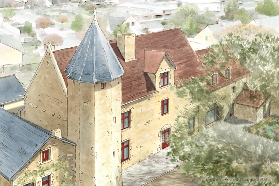 perspective dessin projet réhabilitation ancien prieuré annexes Brûlon Sarthe dessin aquarelle architecture patrimoine