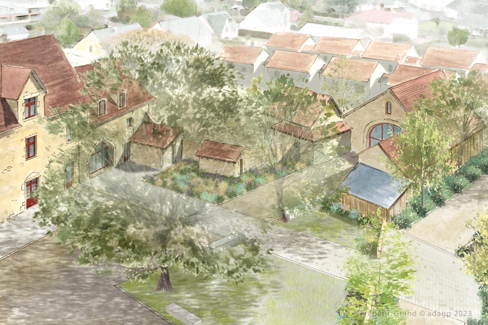 perspective dessin projet réhabilitation ancien prieuré annexes Brûlon Sarthe dessin aquarelle architecture patrimoine