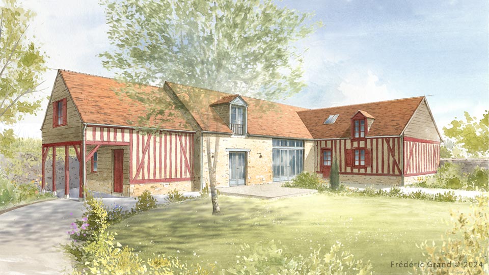 perspective dessin projet rénovation ferme traditionnelle sarthoise Asnière sur Vègre Sarthe dessin aquarelle architecture patrimoine