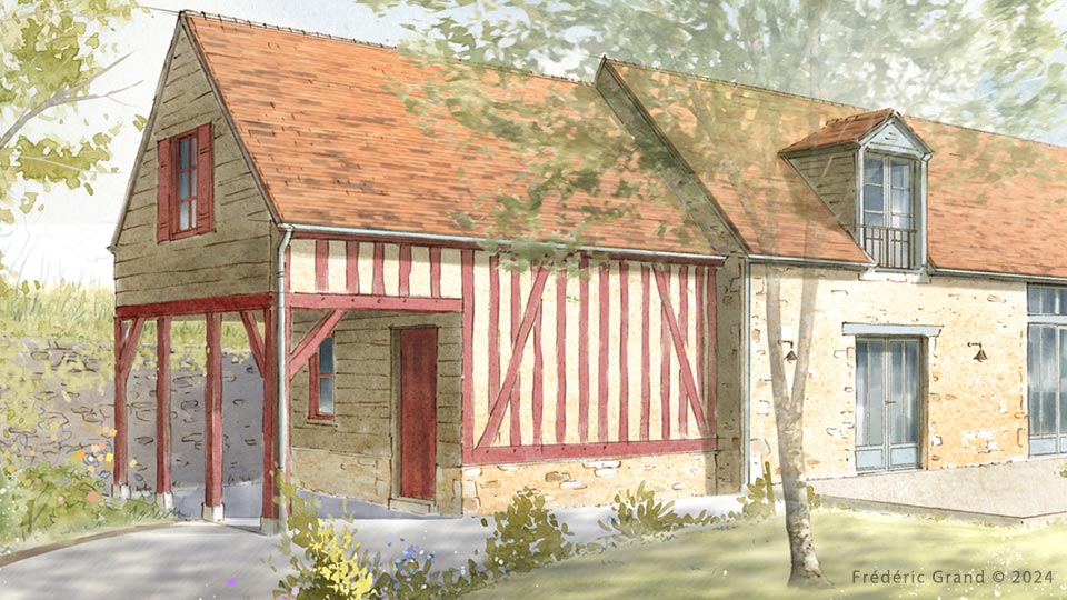 perspective dessin projet rénovation ferme traditionnelle sarthoise Asnière sur Vègre Sarthe dessin aquarelle architecture patrimoine