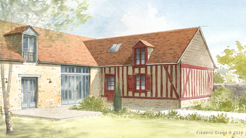 perspective dessin projet rénovation ferme traditionnelle sarthoise Asnière sur Vègre Sarthe dessin aquarelle architecture patrimoine