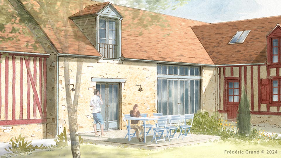 perspective dessin projet rénovation ferme traditionnelle sarthoise Asnière sur Vègre Sarthe dessin aquarelle architecture patrimoine