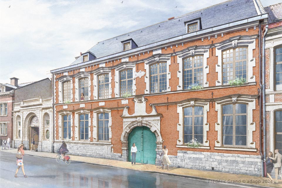 perspective dessin projet caractère rénovation hôtel Tramerie Douai Nord illustration aquarelle architecture patrimoine
