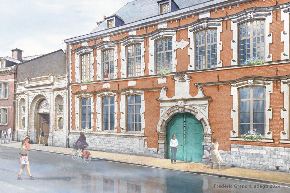 perspective dessin projet caractère rénovation hôtel Tramerie Douai Nord illustration aquarelle architecture patrimoine