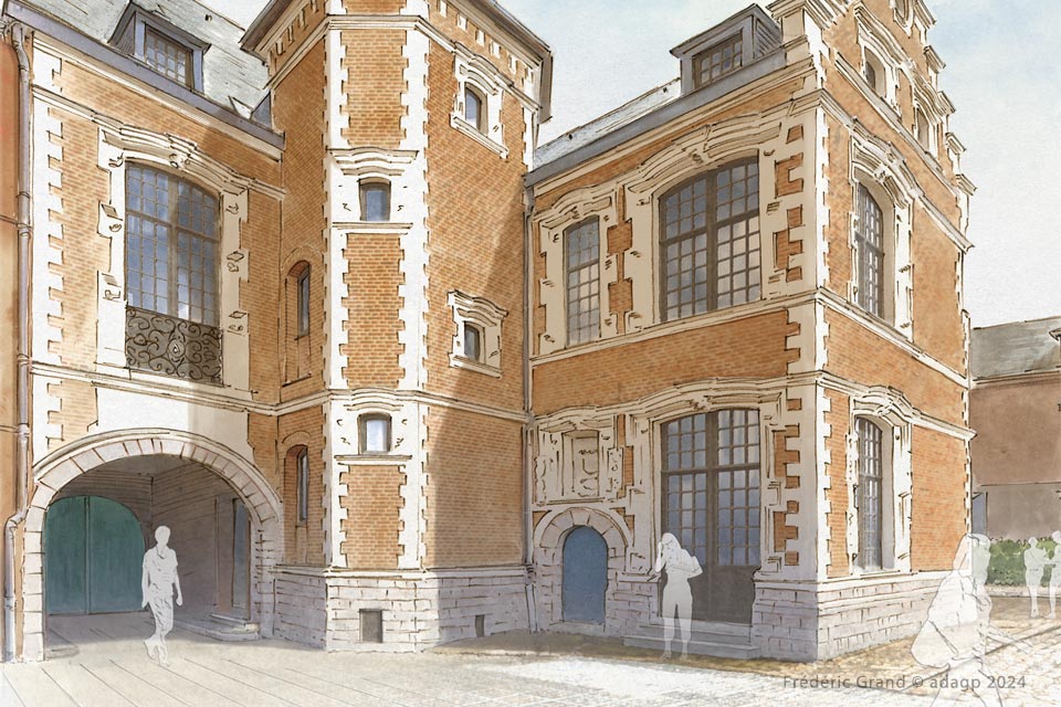 perspective dessin projet caractère rénovation hôtel Tramerie Douai Nord illustration aquarelle architecture patrimoine