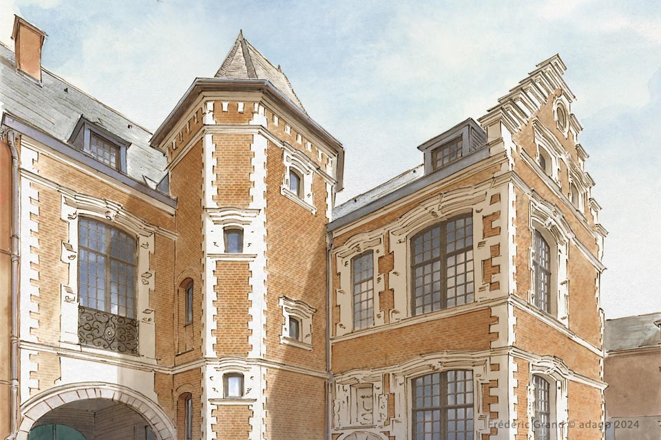 perspective dessin projet caractère rénovation hôtel Tramerie Douai Nord illustration aquarelle architecture patrimoine