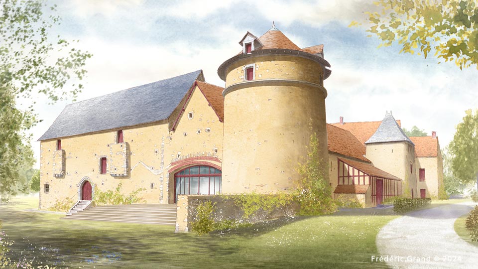 perspective dessin projet réhabilitation manoir médiéval Fontenay sur Vègre illustration architecture patrimoine aquarelle
