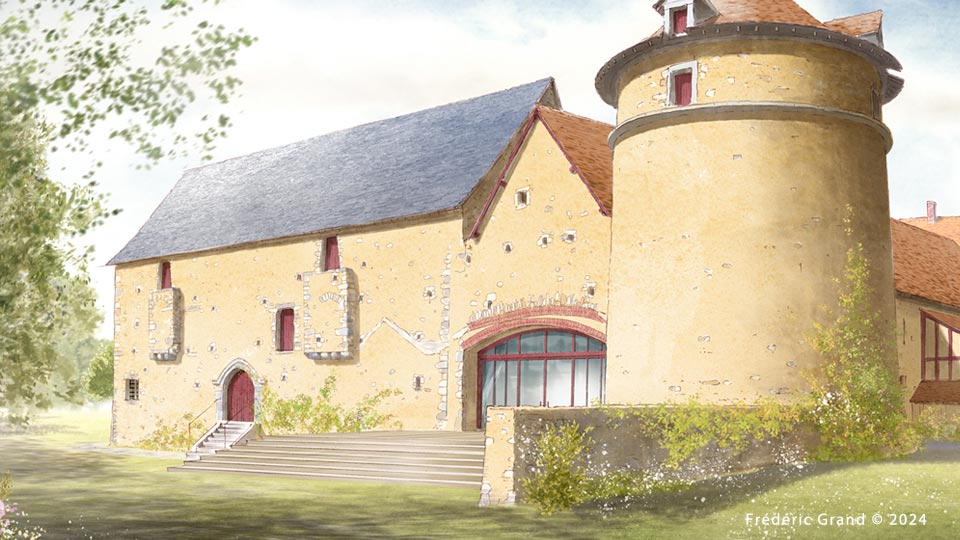 perspective dessin projet réhabilitation manoir médiéval Fontenay sur Vègre illustration architecture patrimoine aquarelle
