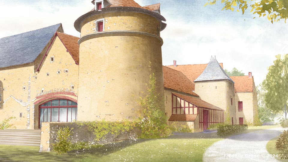 perspective dessin projet réhabilitation manoir médiéval Fontenay sur Vègre illustration architecture patrimoine aquarelle
