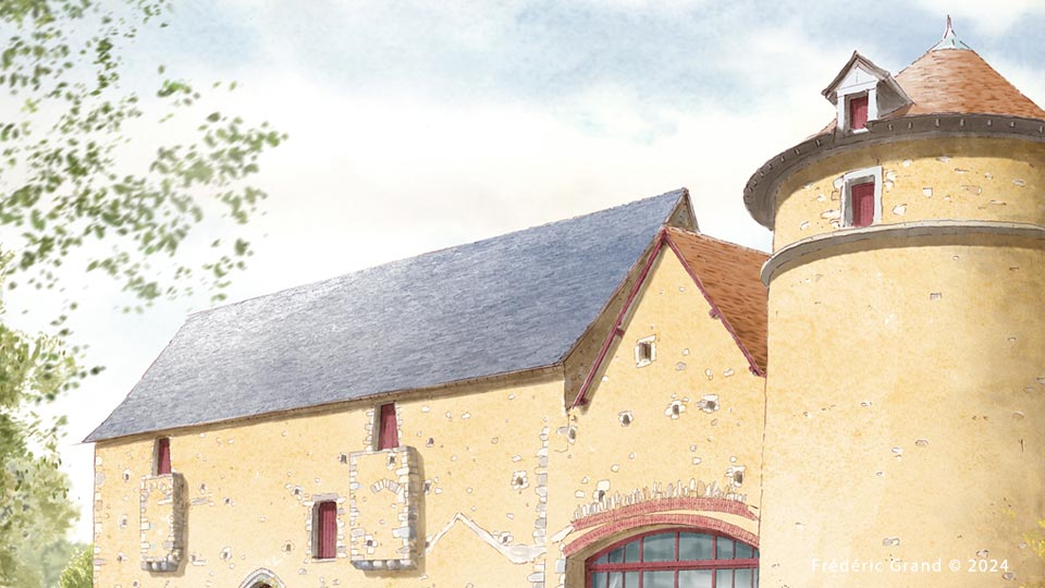 perspective dessin projet réhabilitation manoir médiéval Fontenay sur Vègre illustration architecture patrimoine aquarelle