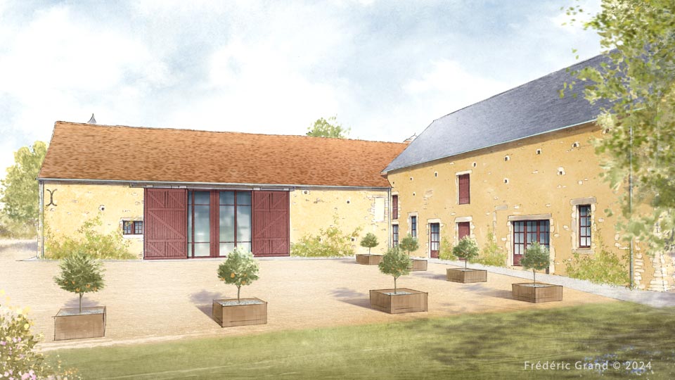 perspective dessin projet réhabilitation manoir médiéval Fontenay sur Vègre illustration architecture patrimoine aquarelle