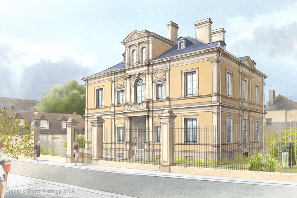 perspective dessin projet réhabilitation résidence séniors Mamers Sarthe illustration architecture patrimoine aquarelle
