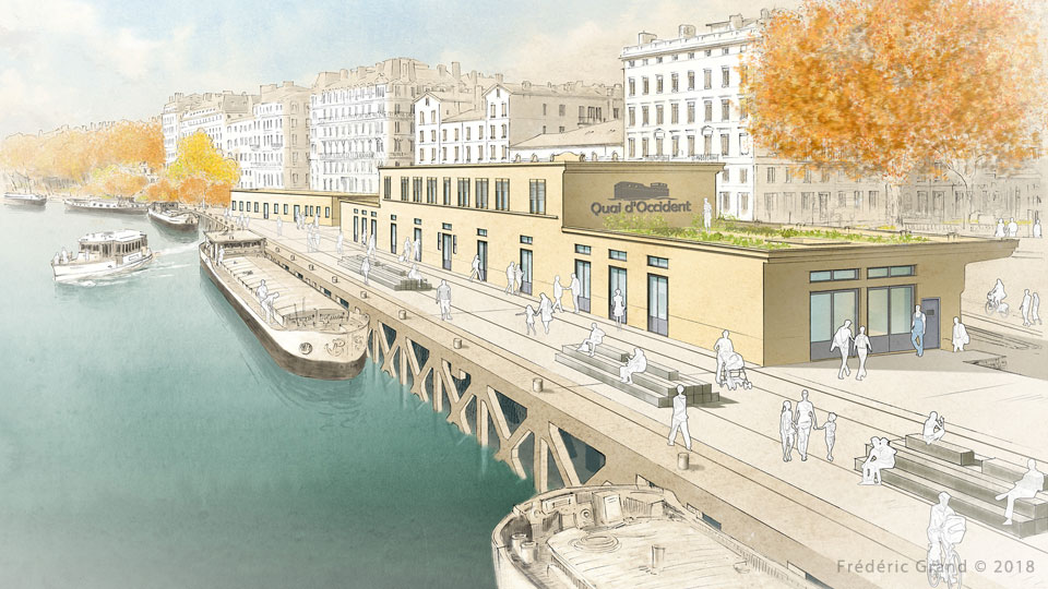 perspective dessin projet rénovation édifice quais Saône Lyon Médiéval AFDP illustration architecture patrimoine aquarelle