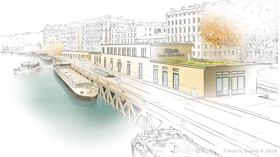 perspective dessin projet rénovation édifice quais Saône Lyon Médiéval AFDP illustration architecture patrimoine aquarelle