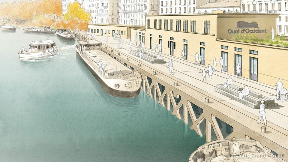 perspective dessin projet rénovation édifice quais Saône Lyon Médiéval AFDP illustration architecture patrimoine aquarelle
