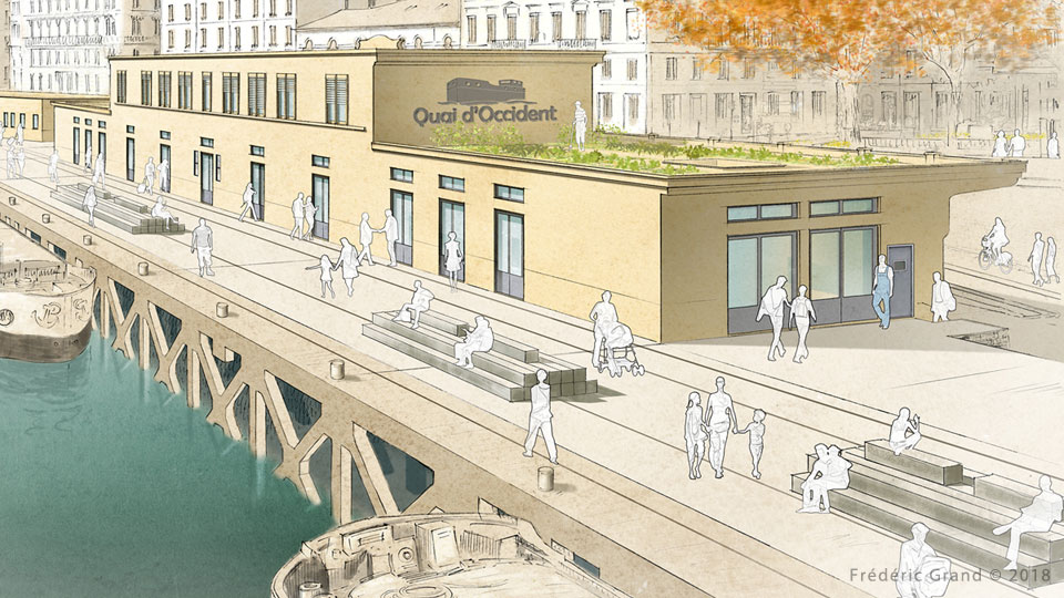 perspective dessin projet rénovation édifice quais Saône Lyon Médiéval AFDP illustration architecture patrimoine aquarelle
