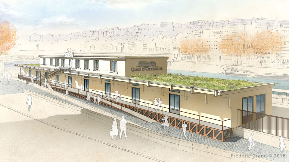 perspective dessin projet rénovation édifice quais Saône Lyon Médiéval AFDP illustration architecture patrimoine aquarelle