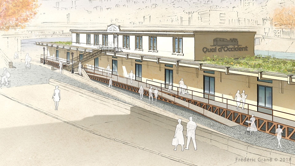 perspective dessin projet rénovation édifice quais Saône Lyon Médiéval AFDP illustration architecture patrimoine aquarelle
