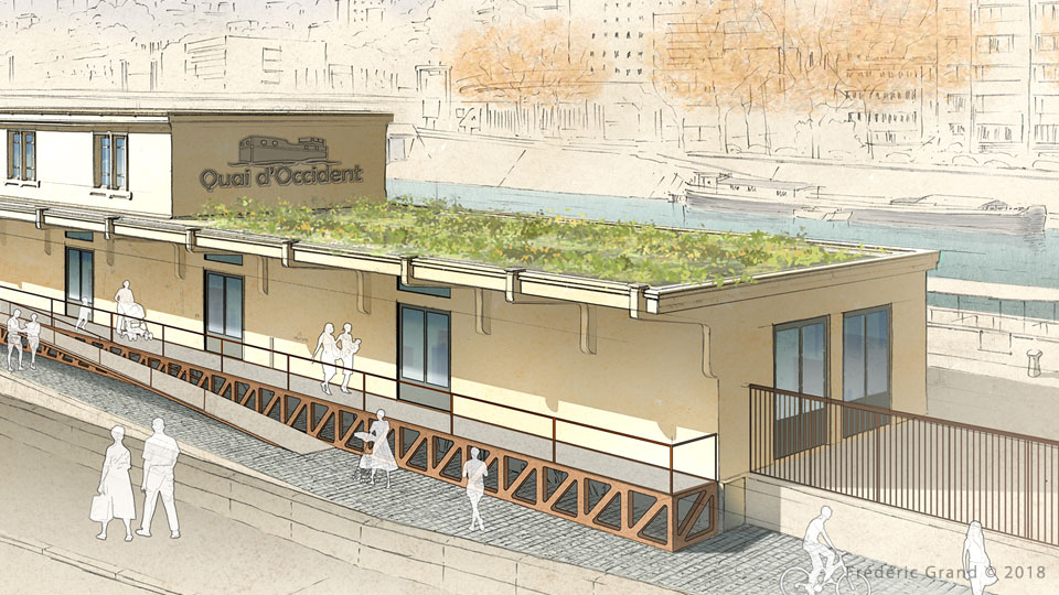 perspective dessin projet rénovation édifice quais Saône Lyon Médiéval AFDP illustration architecture patrimoine aquarelle