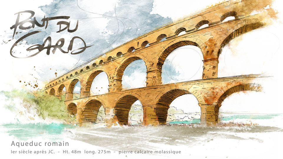 perspective dessin pont du Gard aqueduc romain Vers-Pont-du-Gard édition illustration architecture patrimoine exception France aquarelle