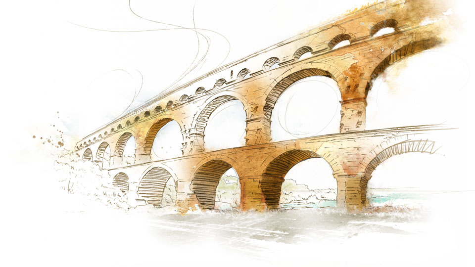 perspective dessin pont du Gard aqueduc romain Vers-Pont-du-Gard édition illustration architecture patrimoine exception France aquarelle
