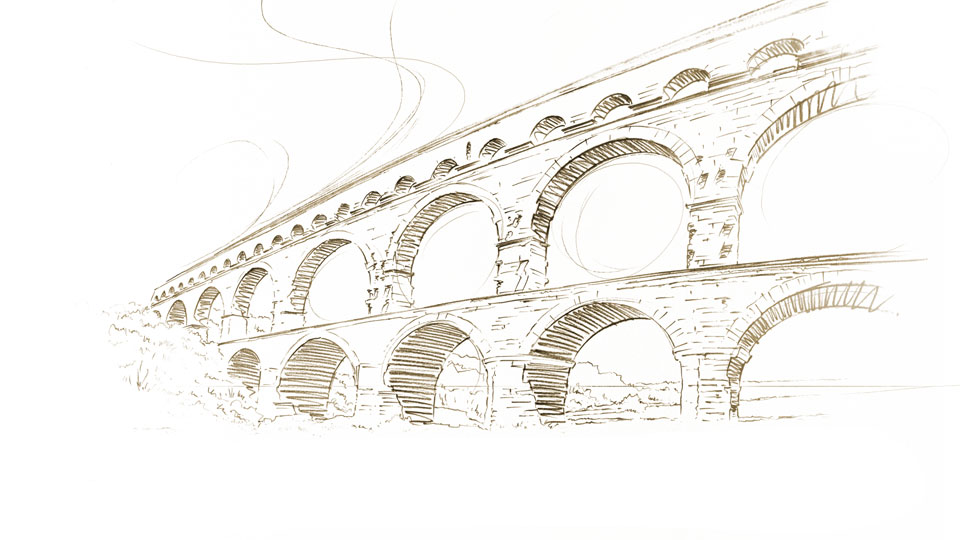 perspective dessin pont du Gard aqueduc romain Vers-Pont-du-Gard édition illustration architecture patrimoine exception France aquarelle