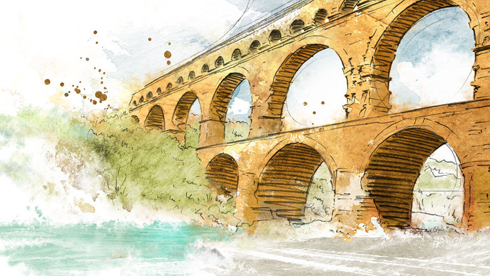 perspective dessin pont du Gard aqueduc romain Vers-Pont-du-Gard édition illustration architecture patrimoine exception France aquarelle