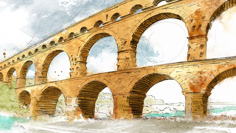 perspective dessin pont du Gard aqueduc romain Vers-Pont-du-Gard édition illustration architecture patrimoine exception France aquarelle