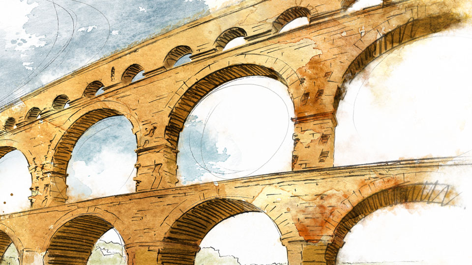 perspective dessin pont du Gard aqueduc romain Vers-Pont-du-Gard édition illustration architecture patrimoine exception France aquarelle