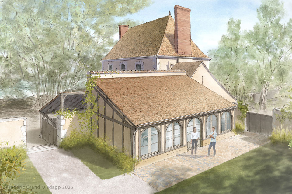 perspective dessin projet restauration maison grange Vallée Ronsard Loir et Cher illustration architecture patrimoine aquarelle