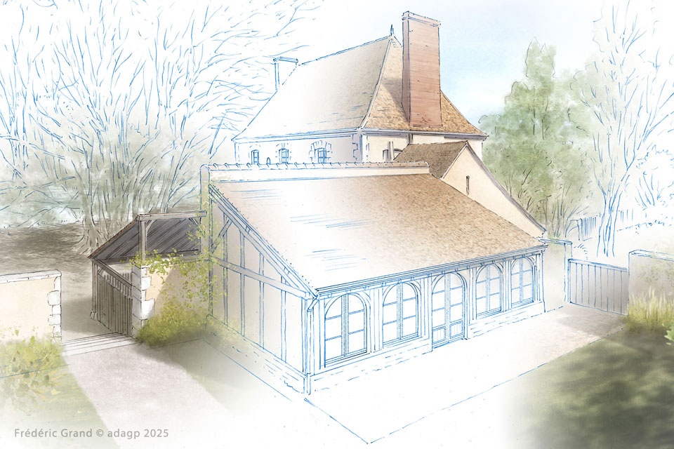 perspective dessin projet restauration maison grange Vallée Ronsard Loir et Cher illustration architecture patrimoine aquarelle