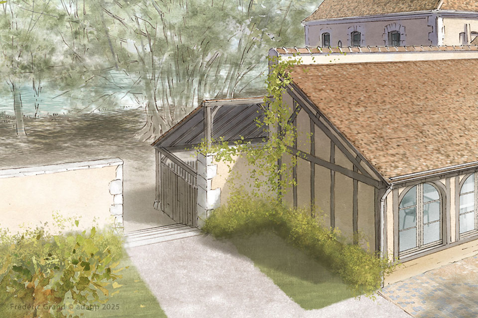 perspective dessin projet restauration maison grange Vallée Ronsard Loir et Cher illustration architecture patrimoine aquarelle
