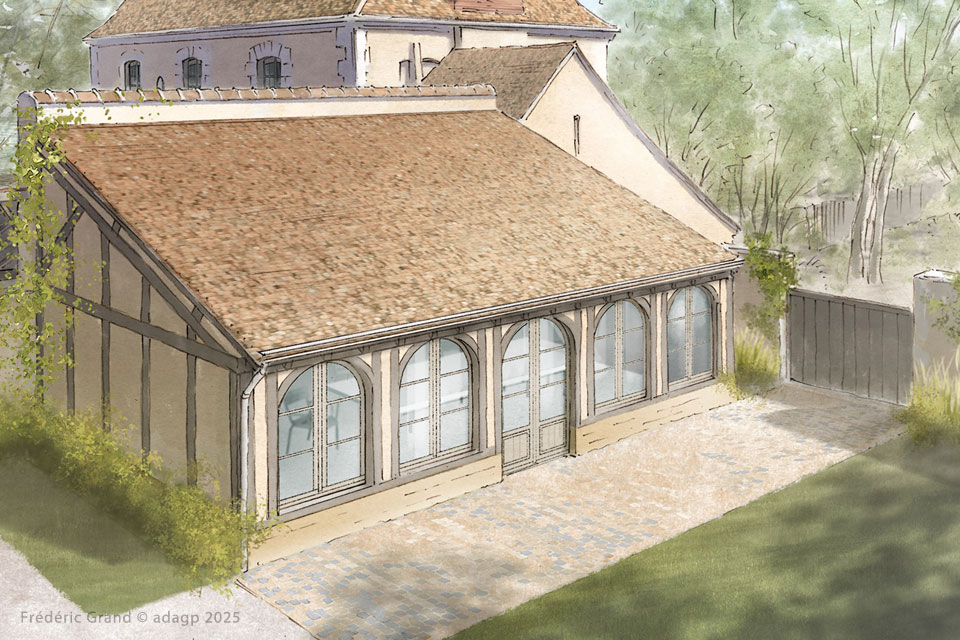 perspective dessin projet restauration maison grange Vallée Ronsard Loir et Cher illustration architecture patrimoine aquarelle