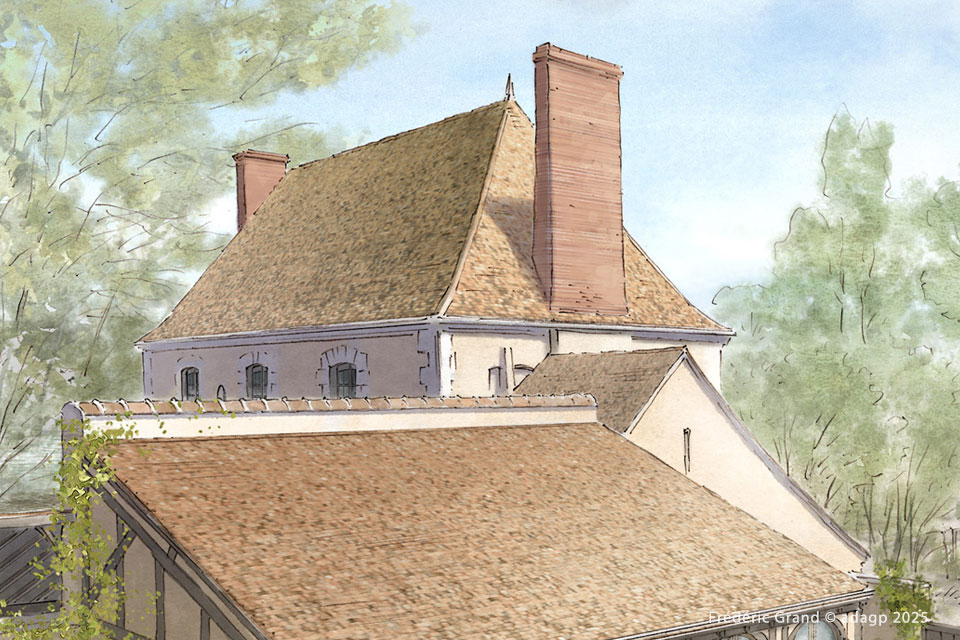 perspective dessin projet restauration maison grange Vallée Ronsard Loir et Cher illustration architecture patrimoine aquarelle