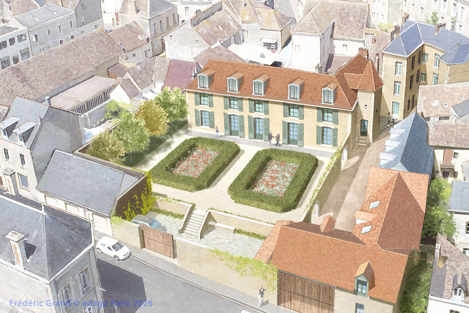 perspective dessin projet renovation hotel pelisson gennes mamers illustration architecture patrimoine aquarelle