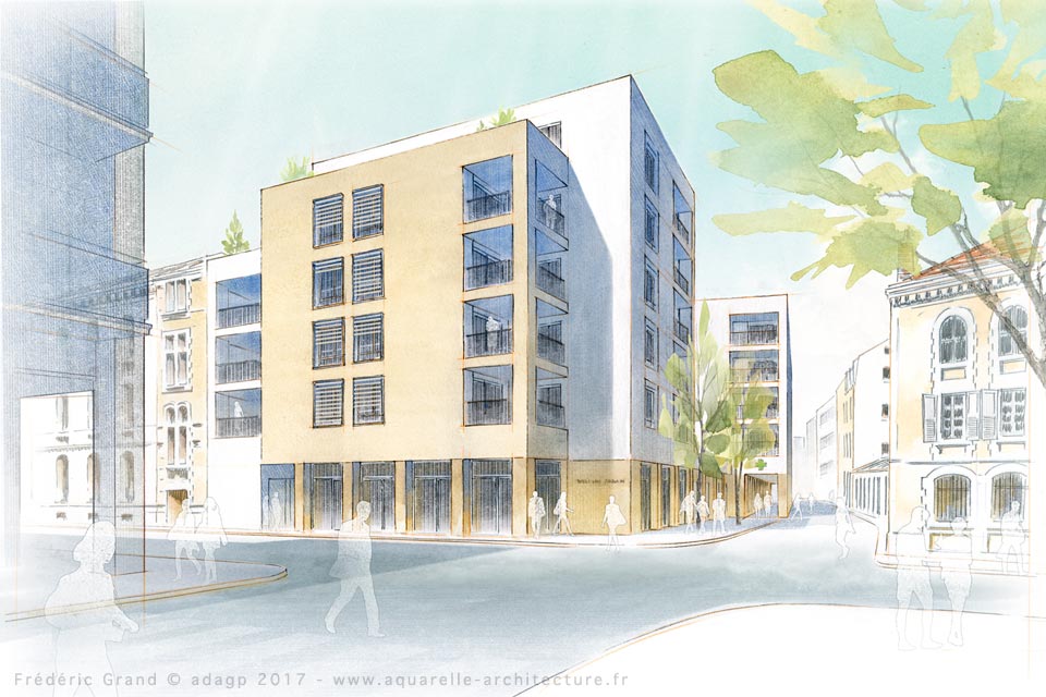 Aquarelle en architecture - Réhabilitation et construction de logements et commerces - VALENCE (26)