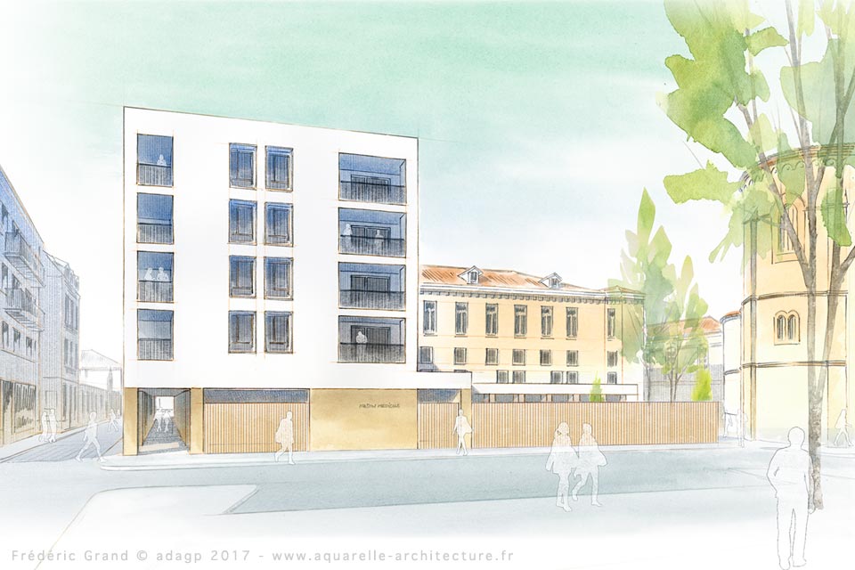 Aquarelle en architecture - Réhabilitation et construction de logements et commerces - VALENCE (26)