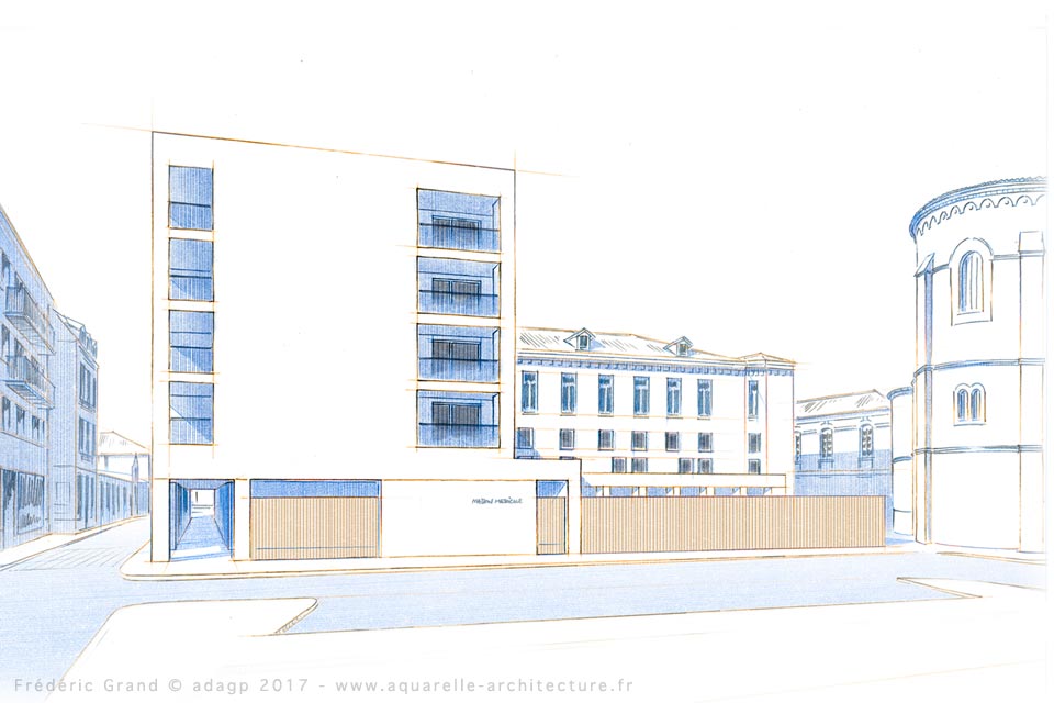 Aquarelle en architecture - Réhabilitation et construction de logements et commerces - VALENCE (26)