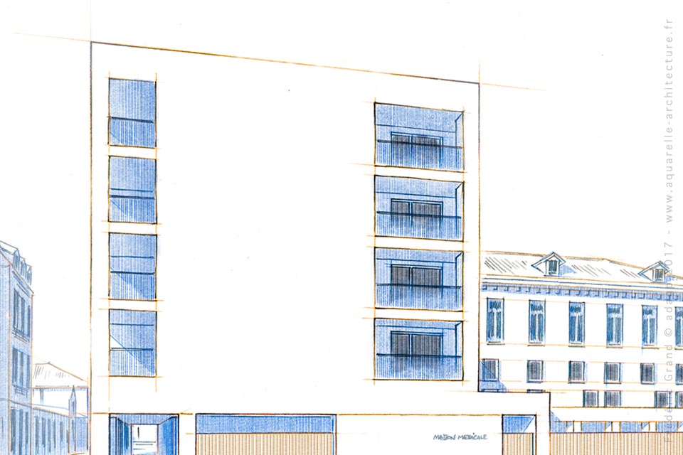 Aquarelle en architecture - Réhabilitation et construction de logements et commerces - VALENCE (26)